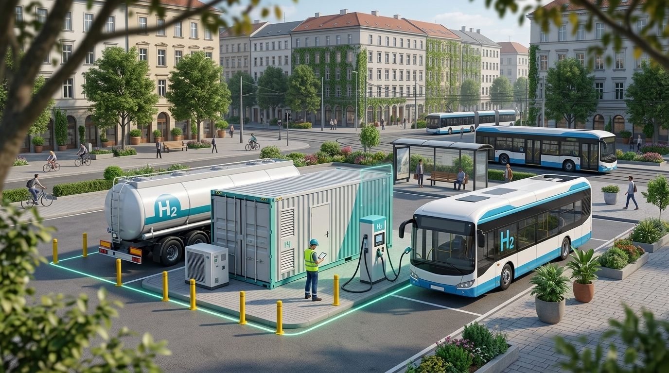 Vodíková plnicí stanice na městském náměstí — cisterna s vodíkem, kontejner, výdejní stojan a vodíkový autobus.