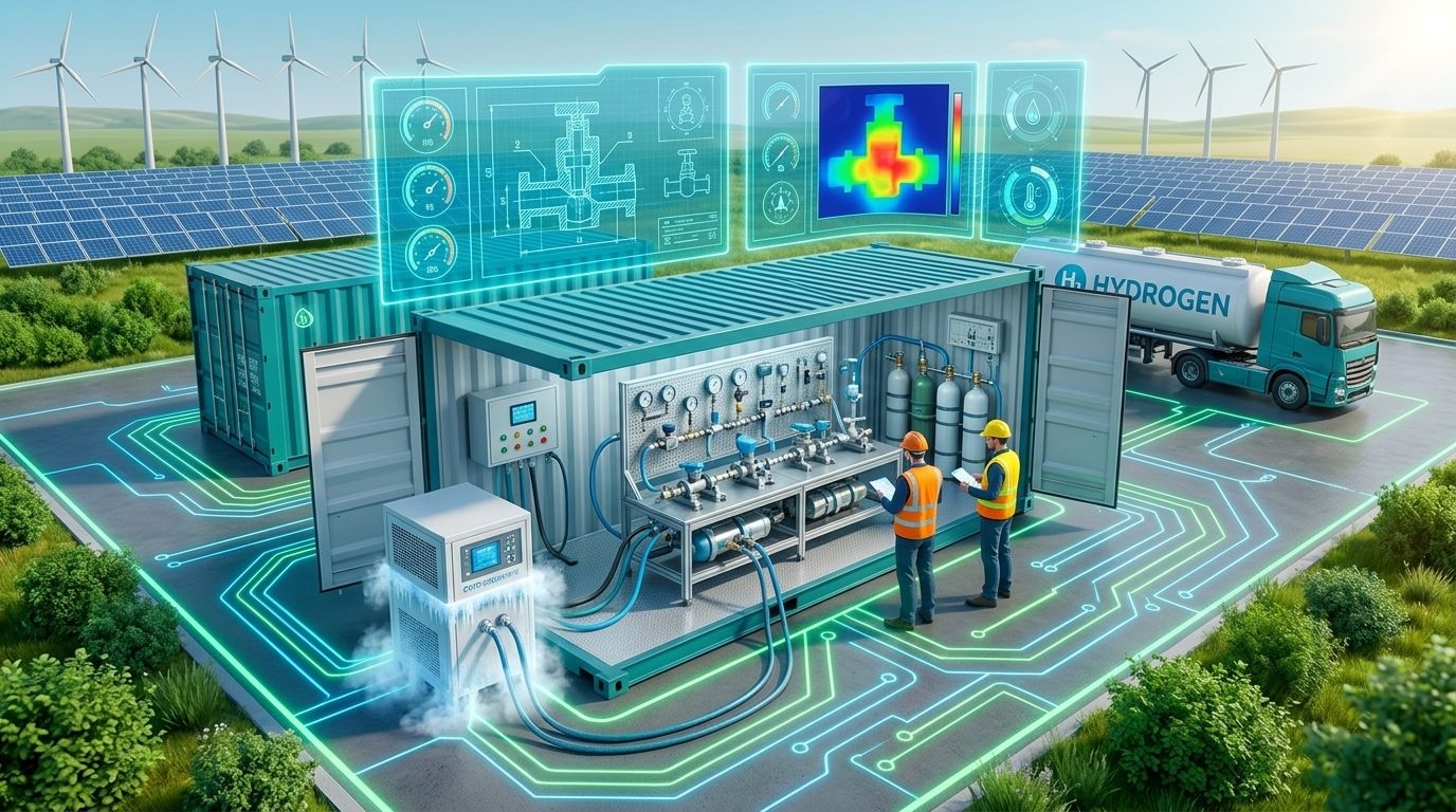 Kontejnerová testovací platforma v poli s větrnými turbínami a fotovoltaikou, dva technici v ochranných vestách u měřicí sestavy s tlakovými lahvemi.